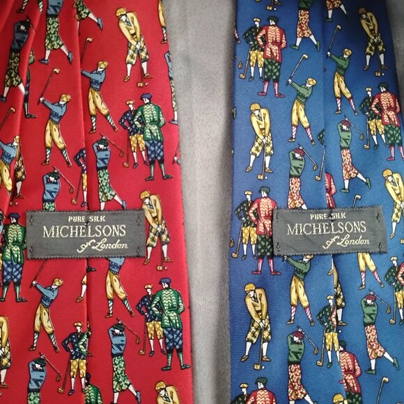 ❤️2 LN MICHELSONS OF LONDON Golf Theme Ties Red / Navy - Picture 5 of 7